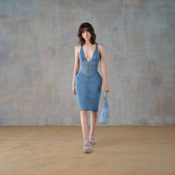 Blue V-Neck Cropped Top with Blue High-Waisted Corseted Pencil Skirt