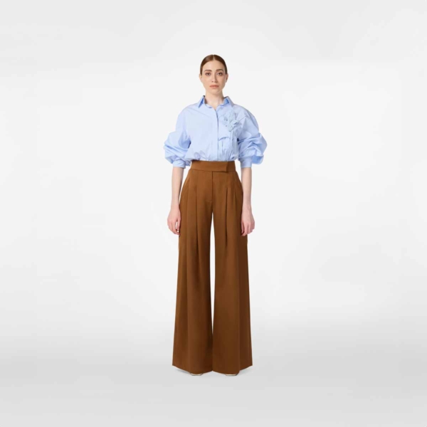 Floral-Embroidered Shirt with Puffed Sleeves with Wide-legged Pants