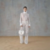 Long-Sleeved Mesh Shirt with Ruffled High Collar with Ivory Lace Flared Pants