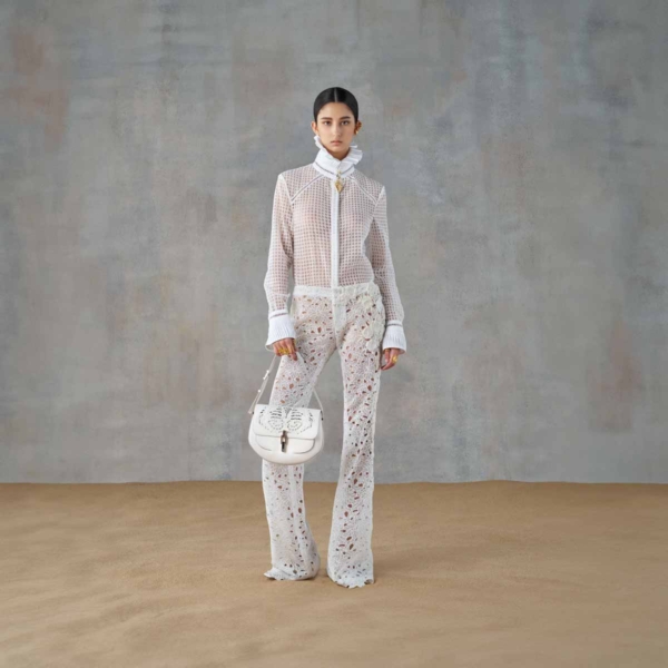 Long-Sleeved Mesh Shirt with Ruffled High Collar with Ivory Lace Flared Pants