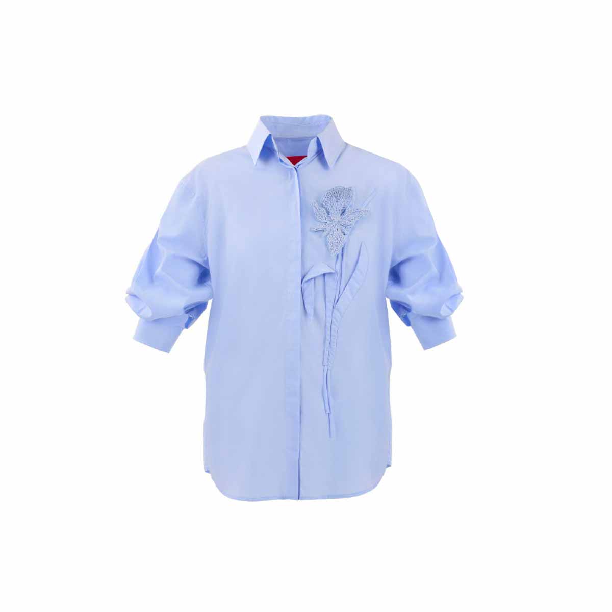 Floral-Embroidered Shirt with Puffed Sleeves